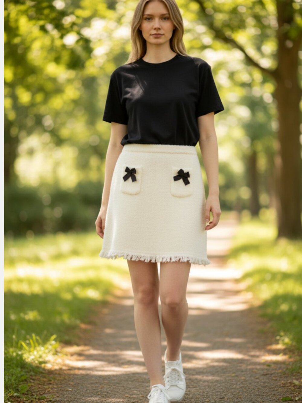 NWT Adrianna Papell Textured Bow Detail Skirt Large, IVORY/ BLACK